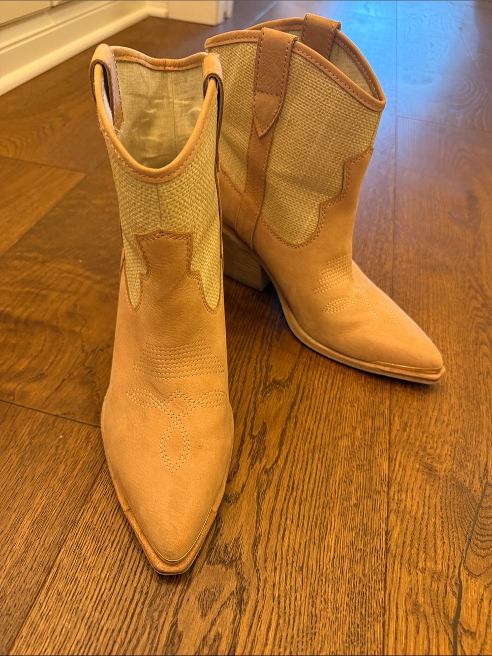 Dolce Vita Tan Western-Style Pointed Ankle Booties with Raffia Detail. SO CUTE!